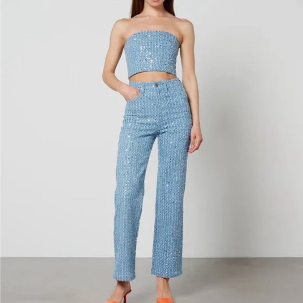 ROTATE Birger Christensen ‘Rotie’ Sequin Blue Straight Jeans in Mid Denim